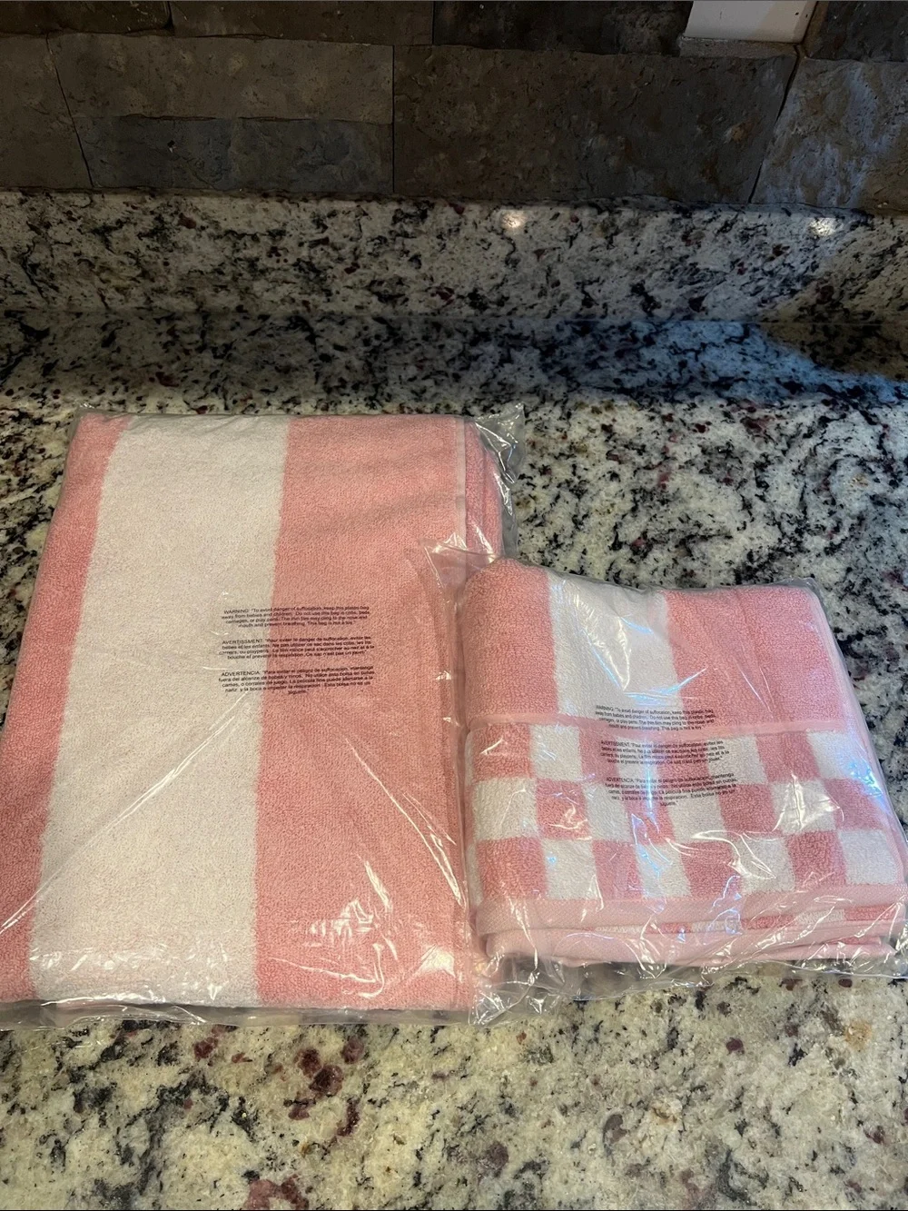 Mackenzie-Childs Rosy Stripe Bath Towel and Hand Towel. NWT.
